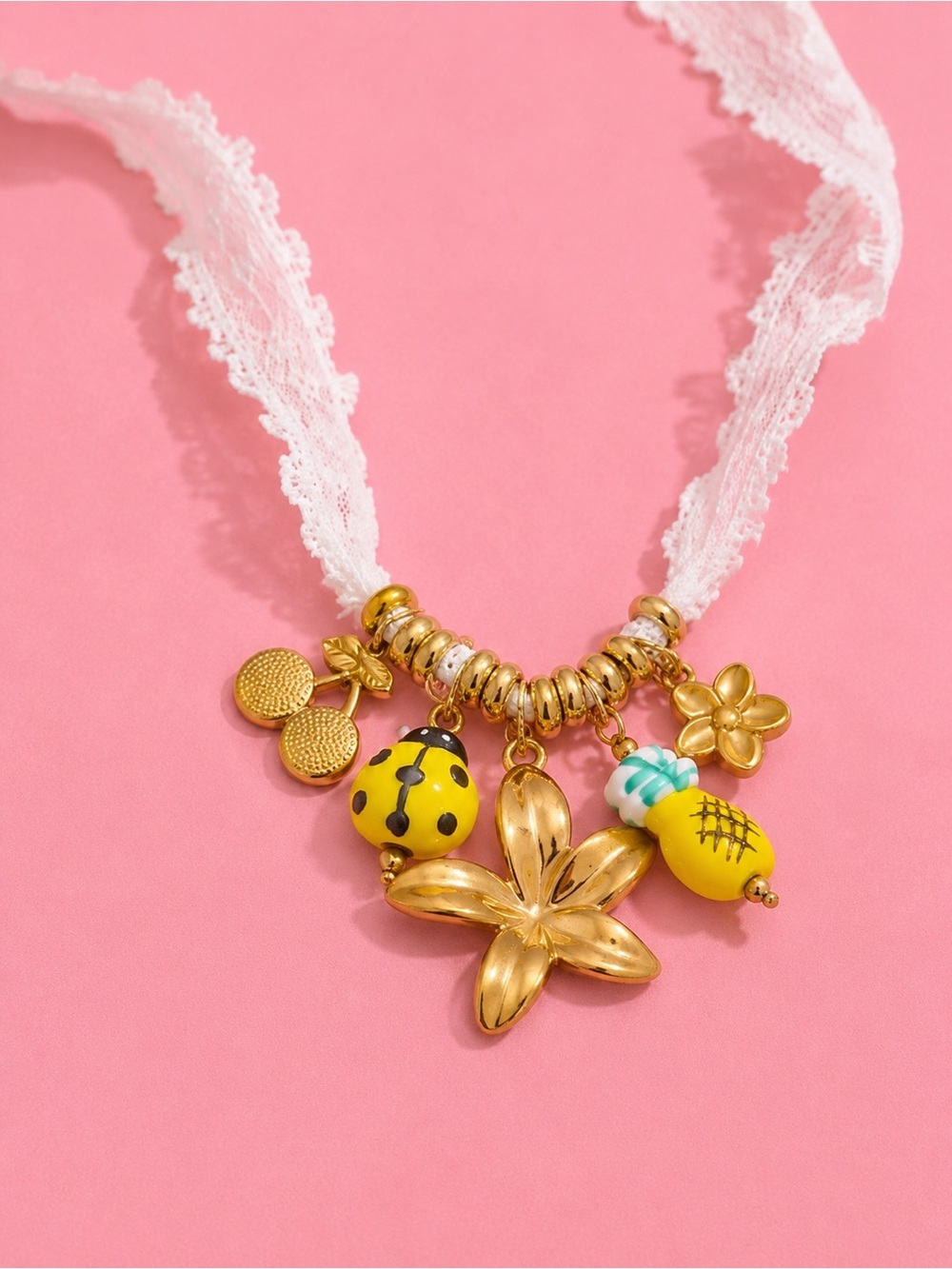 Gold Floral Fruit Charm White Lace Necklace